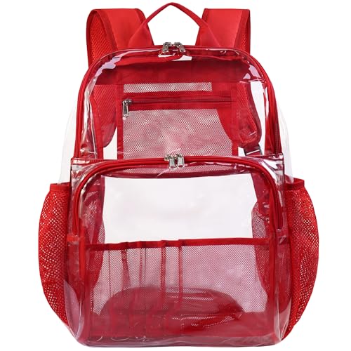 Clear Backpacks for School,18'' Large Clear Backpack Heavy Duty Clear Backpack See Through Backpack Clear Bookbag for Student,School,Work,Travel,Red - color: Red