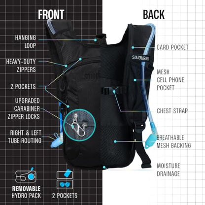 Sojourner Rave Hydration Pack - Hydration Backpack - Hydropack with 2L Bladder - Water Backpack for Festivals, Hiking, Running, Biking and More - color: Black Solid