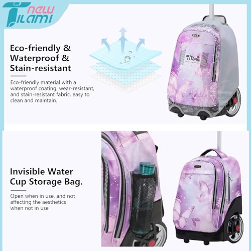 NEW TILAMI 19 inch Rolling Backpack Teens Rolling Backpack Cute Wheeled Laptop Backpack Bookbag Roller Travel Bag College, Evening Butterfly (No USB interface) - color: Purple Butterfly