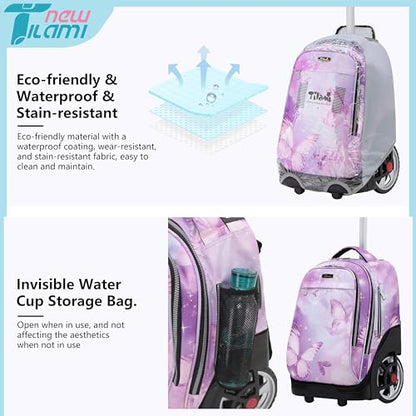 NEW TILAMI 19 Inch Rolling Backpack with Lunch Bag for Girls Boys Wheeled Laptop Backpack Durable Carry-on Bag School Travel, Evening Butterfly - color: Purple Evening Butterfly