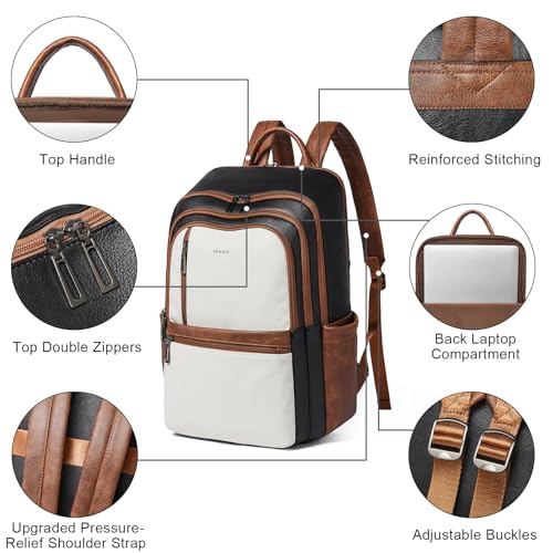 Shrrie Leather 17 inch Laptop Backpack for Women, Large Travel Backpack Purse for Casual Daypack College Work Bag - color: Black With Brown and White