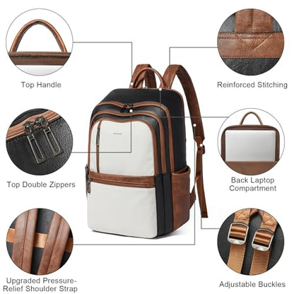 Shrrie Leather 17 inch Laptop Backpack for Women, Large Travel Backpack Purse for Casual Daypack College Work Bag - color: Black With Brown and White