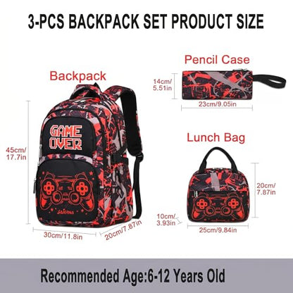 3PCS Kids Backpack Set, School Backpack with Lunch Bag & Pencil Case, Lightweight Waterproof Bookbag for Kids (Gamer Red) - color: Gamer Red