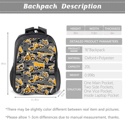 Construction Backpack Kids Excavator Bookbag 16inch Schoolbag With Lunch Box Bag And Pencil Case Set For Boys Girls - color: Construction