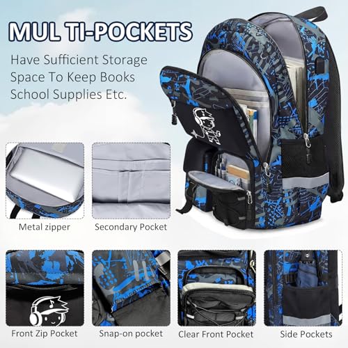 School Backpack for Boys - Gamer Boys Backpacks for Kids Teens Elementary Middle High School,18″ Large Capacity Students Bookbag with Usb Charging Port - color: People-only