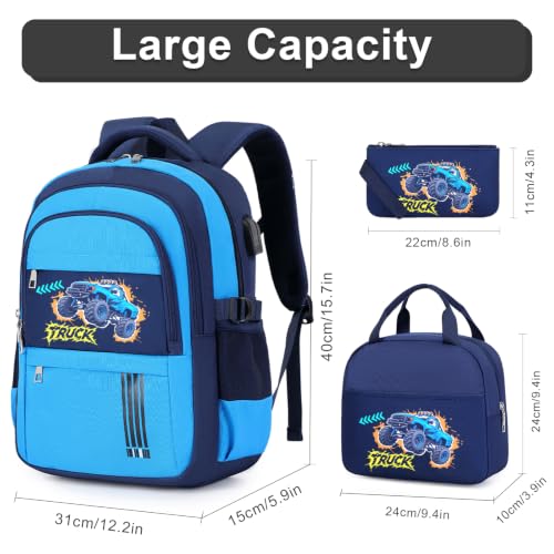 ACESAK Boys Backpack - 3PCS Cool Luminous Backpack for Boys School Backpacks for Kids Kindergarten Elementary Preschool Middle School Bags with Lunch Box Pencil Case Set (Off-road Vehicle) - color: Blue Vehicle