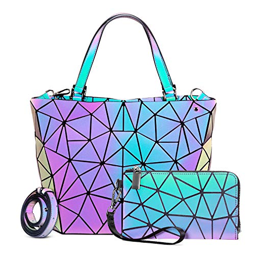 LOVEVOOK Geometric Luminous Purses and Handbags for Women Holographic Reflective Crossbody Bag Wallet - color: Handbag + Wallet