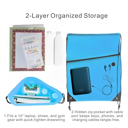 Lightweight Drawstring Backpack with 2 Compartments, Zip Pocket ECO Cinch Bags for Gym Travel, for Men Women (20, Blue) - color: Blue