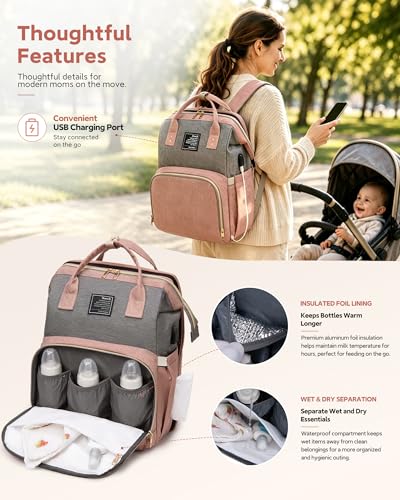 houscly Diaper Bag Backpack with Changing Station: Pink Baby Bags for Girls Boys New Mom Gifts Pañaleras Para Bebe Baby Girl Newborn Essentials Must Haves Baby Shower Gifts Baby Registry - color: Pink