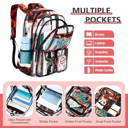 DIGOBAY 3PCS Cool Luminous Clear Backpack for Boys Kids, Gamer Clear Bookbag for School, See Through PVC Transparent Backpacks with Lunch Bag Pencil Case, Backpack Heavy Duty for School Stadium - color: Red Flame