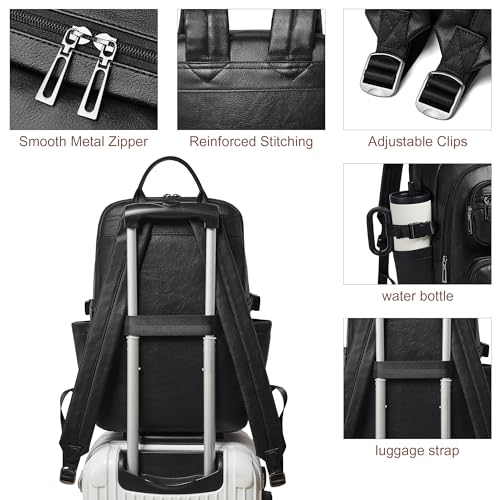 Vegan Leather Backpack, TSA Travel Backpack for Men and Women, Fits 17.0 Inch Laptop with Luggage Strap, Black - color: Black