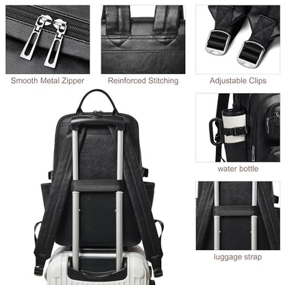 Vegan Leather Backpack, TSA Travel Backpack for Men and Women, Fits 17.0 Inch Laptop with Luggage Strap, Black - color: Black