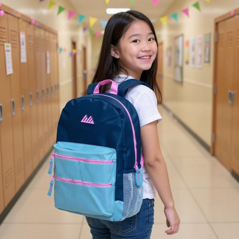 Summit Ridge Colorful Big Backpack for School Kids, Multi Pocket Backpack for Elementary, Middle School Girls, Boys with Padded Straps (Navy/Teal) - color: Navy/Teal