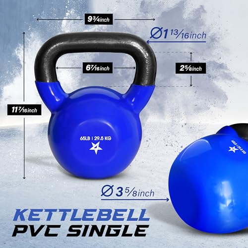 Yes4All Kettlebell, 5-100 LB Vinyl Coated Cast Iron Strength Training Kettlebells for Home Gym Exercises, Fitness, Full Body Workout Equipment, Push Ups, and Grip Strength - color: N. 65LB - Dark Blue, style: Vinyl Coated