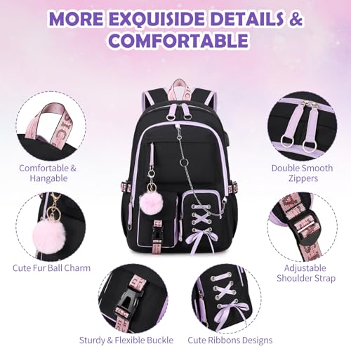 ACESAK Backpacks for Girls, Girls Backpack with Lunch Box and Pencil Case for Teen Kids Elementary Middle High School College Student, Children Backpack Bookbag with USB Charging Port (Black Purple) - color: Black With Purple Zipper