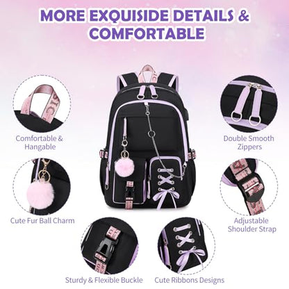 ACESAK Backpacks for Girls, Girls Backpack with Lunch Box and Pencil Case for Teen Kids Elementary Middle High School College Student, Children Backpack Bookbag with USB Charging Port (Black Purple) - color: Black With Purple Zipper