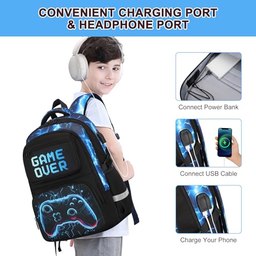Scothen 3PCS Boys Backpack Set, Cool Backpack for Boys with Lunch Bag & Pencil Case, Kids School Bag Teen Boy Bookbag for Kindergarten Elementary Middle School with USB Charging Port - color: Futuristic Blue Lightning