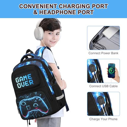Scothen 3PCS Boys Backpack Set, Cool Backpack for Boys with Lunch Bag & Pencil Case, Kids School Bag Teen Boy Bookbag for Kindergarten Elementary Middle School with USB Charging Port - color: Futuristic Blue Lightning