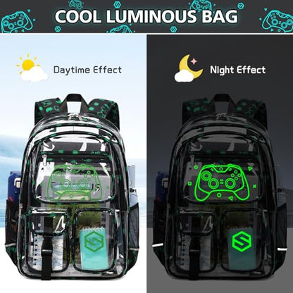 DIGOBAY 3PCS Cool Luminous Clear Backpack for Boys Kids, Gamer Clear Bookbag for School, See Through PVC Transparent Backpacks with Lunch Bag Pencil Case, Backpack Heavy Duty for School Stadium - color: Green