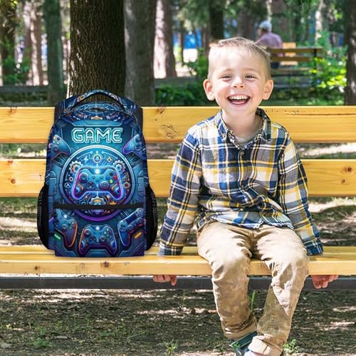 Backpack for Boys Gaming School Bag for Kids Teens Gamer - 17 Inch Large Capacity Bookbag with Video Game for Elementary Middle School - color: Blue