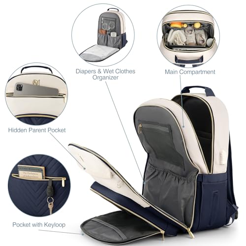 MOMUVO Diaper Bag Backpack, Quilted Baby Bag with Changing Pad & Stroller Straps & Pacifier Case, Large Travel Diaper Bags for Mom Dad, Blue Beige - color: Blue Beige