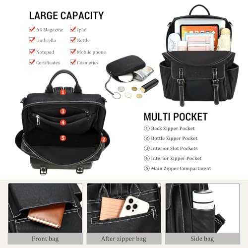 AGLOD Backpack Purse for Women PU Leather Back Packs Designer Ladies Shoulder Bag Fashion Faux Work Travel Handbags - color: Black