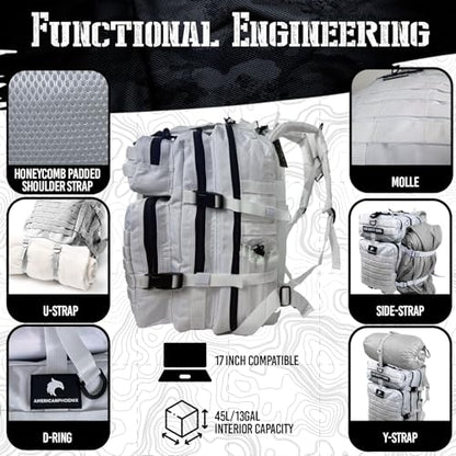 AMERICANPHOENIX 45L Elite Tactical Backpack | 3X Stronger Work & Military Backpack | Water Resistant and Heavy Duty | 3 Day MOLLE Bug Out Bag (Polar White) - color: Polar White