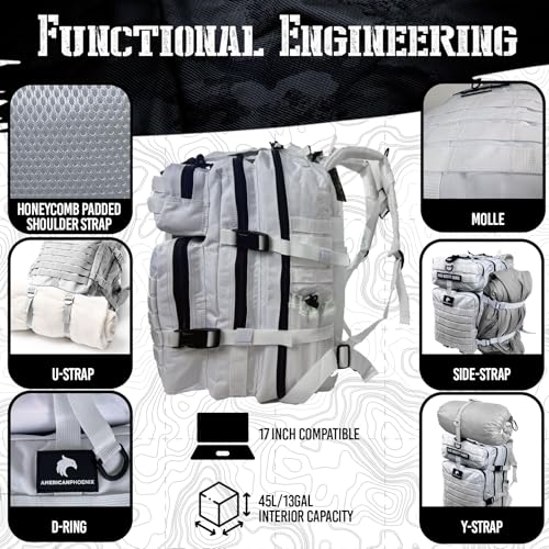 AMERICANPHOENIX 45L Elite Tactical Backpack | 3X Stronger Work & Military Backpack | Water Resistant and Heavy Duty | 3 Day MOLLE Bug Out Bag (Polar White) - color: Polar White