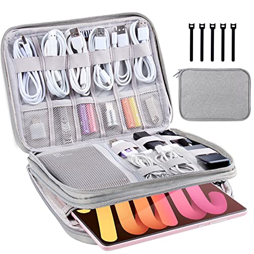 Electronics Organizer Travel Case Cord Cable Charger Organizer Bag Travel Accessories Essentials for Women Men Double Layers Tech Pouch with 5 Cable Ties for Phone Power Bank SD Card USB, Grey - color: grey