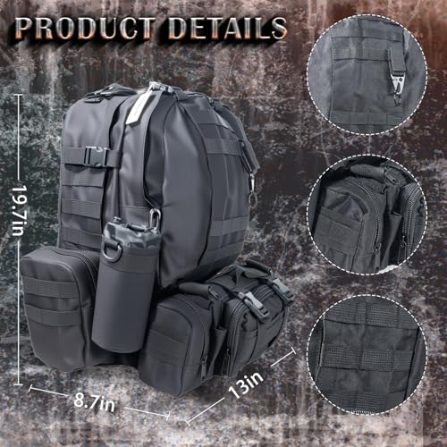 60L Tactical Backpack Military 3-Day Assault Pack, Waterproof Molle System Rucksack with Detachable Bag, Survival Bug Out Backpack for Men & Women(Black) - color: Black