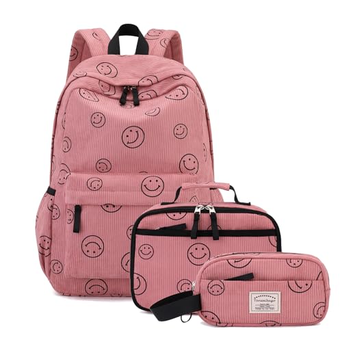 Tanweibago Backpack for Girls Boy Teen Corduroy Bookbags Elementary Middle High School Women Laptop Bag with Lunch Box Pencil Bag (Smile Pink) - color: Smile Pink