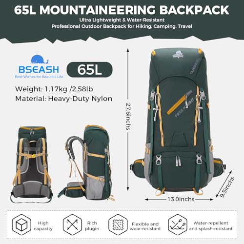 Bseash 65L Waterproof Hiking Camping Backpack with Rain Cover, Outdoor Sport Travel Daypack for Climbing Touring (Dark Green) - color: Dark Green