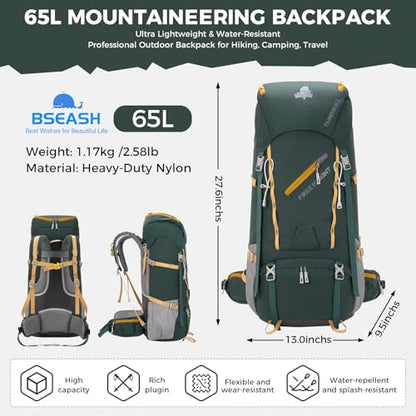 Bseash 65L Waterproof Hiking Camping Backpack with Rain Cover, Outdoor Sport Travel Daypack for Climbing Touring (Dark Green) - color: Dark Green