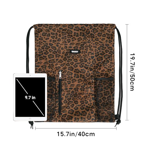 WANDF Drawstring Backpack Sports Gym Sackpack with Mesh Pockets Water Resistant String Bag for Women Men (Brown Leopard) - color: Brown Leopard