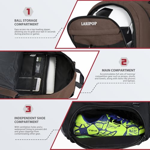 LARIPOP Soccer Backpack with Ball Holder & Shoe Compartment Large Capacity Sports Bag for Training - color: Brown