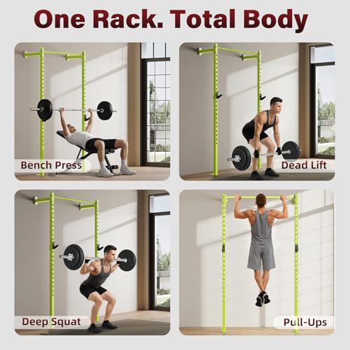 SPORTSOUL Wall Mounted Power Cage, 900lbs Squat Rack with Pull Up Bar for Home Gym, Space-Saving 2"x2" Pull-Up Station with Adjustable J-Hooks for Garage & Apartment - color: Green