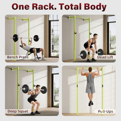 SPORTSOUL Wall Mounted Power Cage, 900lbs Squat Rack with Pull Up Bar for Home Gym, Space-Saving 2"x2" Pull-Up Station with Adjustable J-Hooks for Garage & Apartment - color: Green