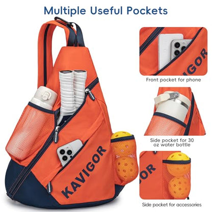KAVIGOR Pickleball Sling Bag, Convertible Ultra-Light Backpack with Skin-Soft Fabric & Wet/Dry Pocket, Fits 4 Paddles + Gear - color: Vigor Orange