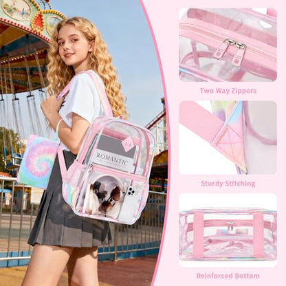 MUSEVOS Clear Backpack for School, Heavy Duty PVC Transparent Bookbag for Girls Stadium Approved See Through Backpack, Pink Tie-Dye - color: Pink Tie-dye