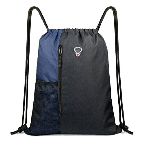 BeeGreen Drawstring Backpack Sports Gym Bag for Women Men Large Cinch Sackpack with 2 Zipper Pockets and Water Bottle Mesh Pockets Black Navy - color: Black/Navy, style: Drawstring With Mesh Pocket