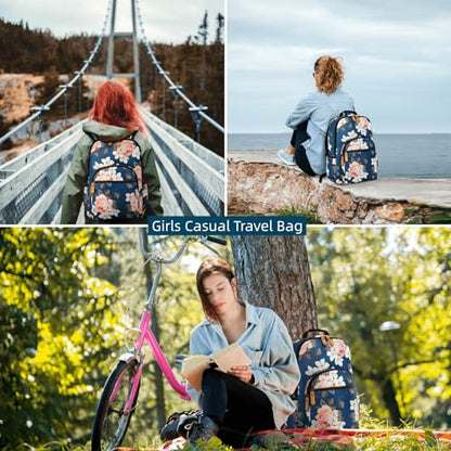 Leaper Water-resistant Floral Laptop Backpack Women Travel Bag Bookbags Satchel (Dark Blue-White Flower2) - color: Dark Blue-white Flower2, size: Large