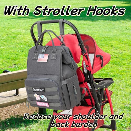 Diaper Bag Backpack for Dad and Mom with USB Charging Port Stroller Straps and Insulated Pocket,army military Travel Nappy Backpack (Dark Grey) - color: Black-grey