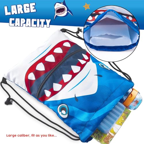 WAWASAM Kids Drawstring Backpack, Gym Swim Bag Cinch Bag for Girls Boys with Zipper Pocket - color: Shark a