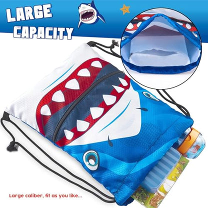 WAWASAM Kids Drawstring Backpack, Gym Swim Bag Cinch Bag for Girls Boys with Zipper Pocket - color: Shark a