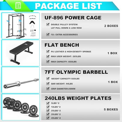 ULTRA FUEGO Power Cage, Multi-Functional Power Rack with J-Hooks, Dip Handles, Landmine Attachment and Optional Cable Pulley System for Home Gym - size: 240LB Weights Package+Flat Bench