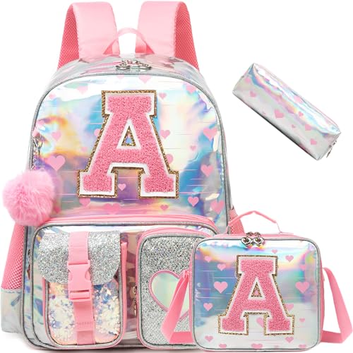 Meetbelify Backpack for Girls Letter Backpacks for Elementary Student Teen Girls Cute School Bag Kids Bookbag for Kids 8-10 - color: Initial a Pink