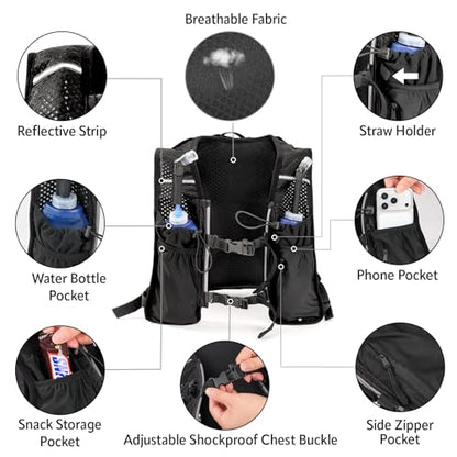 HIPONY Hydration Backpack with 2L Leak-Proof Water Bladder, Lightweight Running Hydration Pack, Adjustable Vest Style Water Backpack for Trail Running, Cycling and Biking - size: 2L Bladder & Two 500ML Soft Bottles