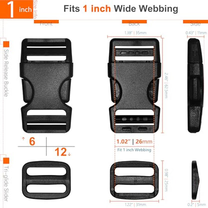 1" Straps and Buckles Set: 6 yard Nylon Webbing 1 inch (25 mm) Wide, 6 pack Side Release Buckle, 12 pcs Tri-Glide Sliders, Plastic Clip Quick Fastener Replacement Heavy Duty Dual Adjustable No Sew - size: 1" x 6 yd Strap + 6 pack Buckles