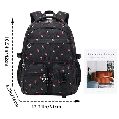 Girls Backpack Lightweight Bookbags for High School Laptop Backpack For College Women Big Student Daypack Casual (Strawberry-Black) - color: Strawberry-black