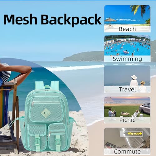 Green Mesh Backpack for Girls Boys, Mesh Bookbags Heavy Duty Semi-Transparent School Bag for College, Travel, Beach, Swimming, Sports - color: Green